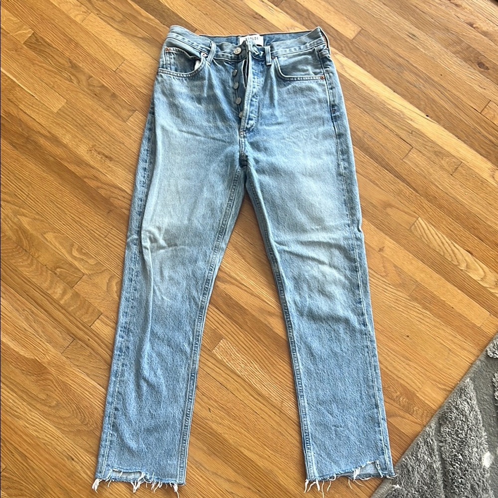 Agolde High Rise Blue Jeans with Distressed Details